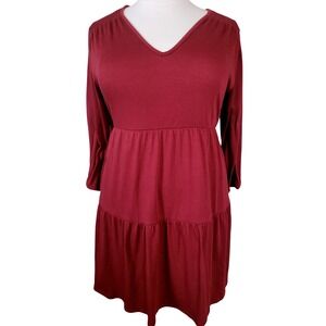 Knox Rose XXL Burgundy Red Tiered V-Neck Long Sleeve Mini Dress Boho